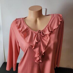 Southern Lady Pink Ruffled V-Neck Blouse W/Tie Front & 3/4 Sleeves Med.